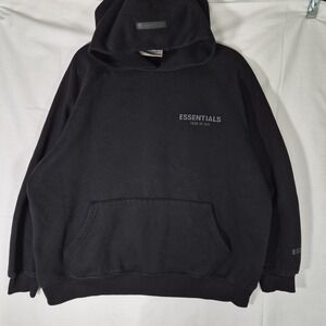 Fear of God Essentials Hoodie Black Pullover Sweatshirt Mens Medium Rubber Logo